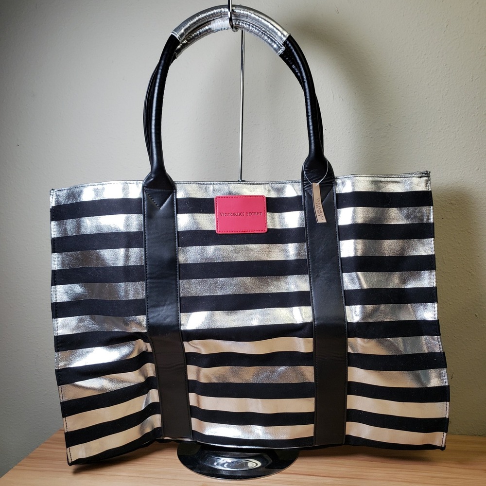 Victoria's Secret Black Silver Stripe Tote Bag Logo Front Weekender CarryAll NWT - Picture 1 of 13
